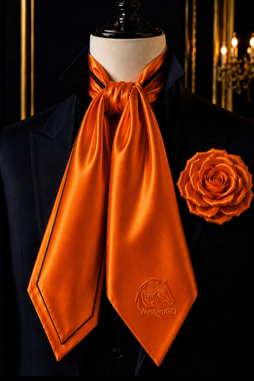 Western GQ burnt orange satin cravat scarf with matching orange rose lapel brooch on a mannequin in a chandelier-lit lounge